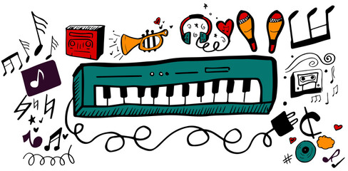 Piano amidst various music icons