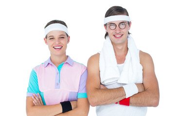 Geeky hipster couple posing in sportswear 