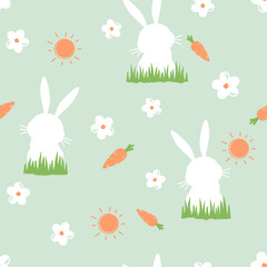 Seamless pattern with bunny cartoons, cute flower, carrot and green grass on green background vector. 