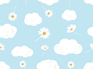 Seamless pattern with cloud, daisy flower and butterfly cartoons on blue sky background vector illustration. Cute childish print.