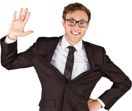 Young geeky businessman smiling at camera 