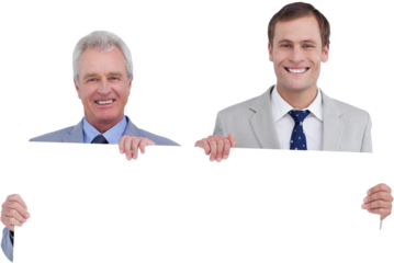 Smiling tradesmen holding blank sign