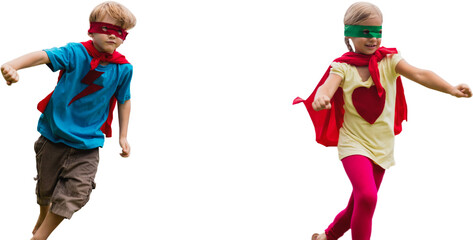 Playful siblings playing together while disguise as superhero