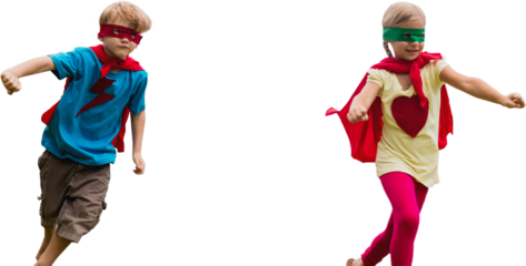 Playful siblings playing together while disguise as superhero