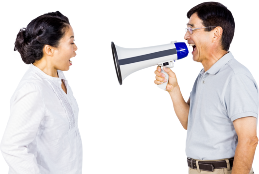 Man shouting at his partner through megaphone