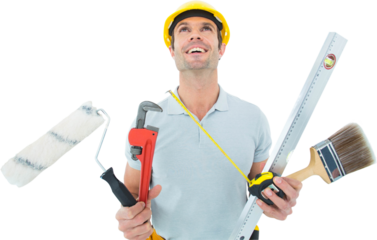 Worker holding various equipment over white background