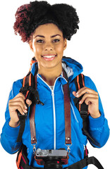 Portrait of hiker with backpack and camera