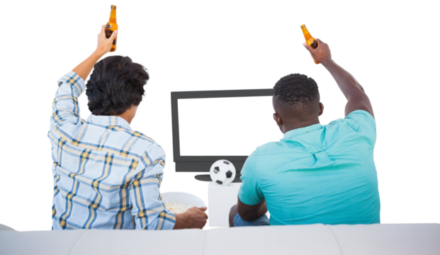 Football fans raising beer bottles and cheering - Powered by Adobe