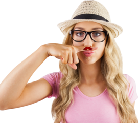 A beautiful hipster having a fake distinguished mustache 