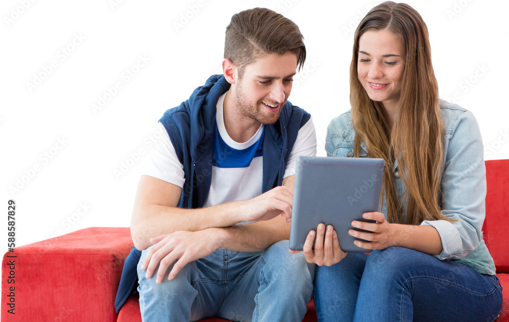 Poster smiling university students using tablet computer