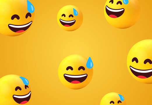 3d smile emoji happy face with sweat background collection. smiling yellow emoticon for social network media - cute emojis - grinning smiley emoticon set - smile eyes emoticons. Vector illustration