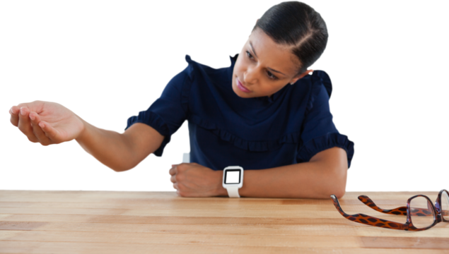 Businesswoman pretending to work on an invisible object - Powered by Adobe