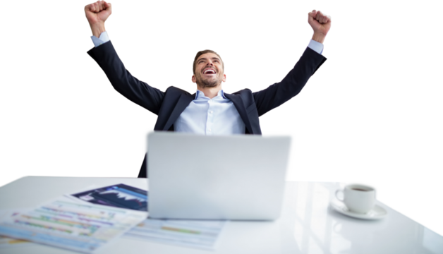 Cheerful businessman with arms raised sitting against white background