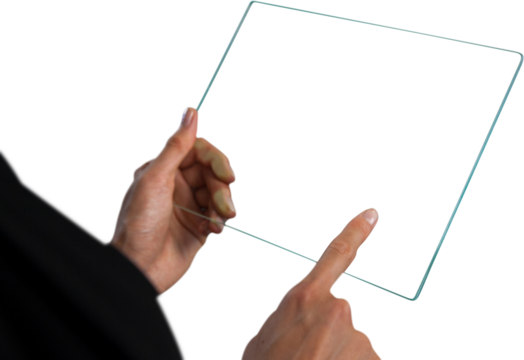 Cropped image of businesswoman touching glass interface - Powered by Adobe