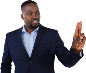 Businessman pressing an invisible virtual screen