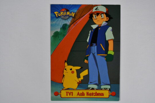 Pokemon trading card game, Ash Ketchum and Pikachu.