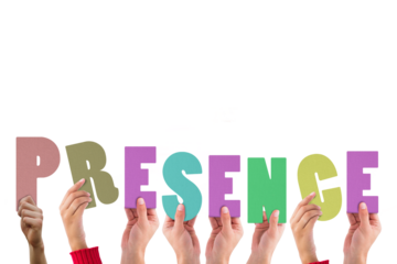 Colorful alphabet spelling presence held up by people