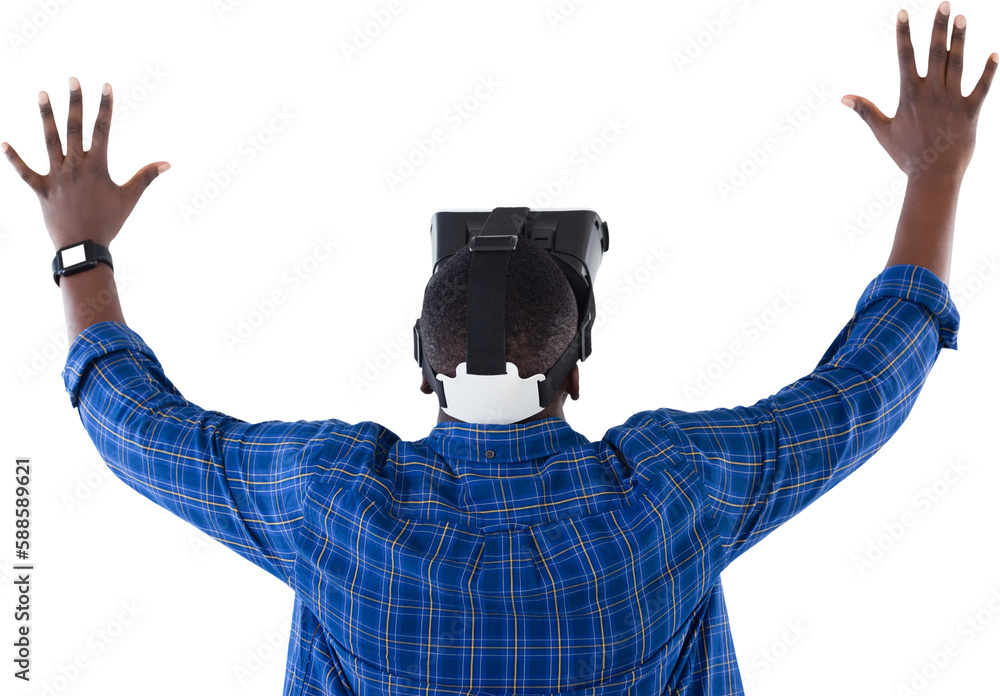 Poster man gesturing while using virtual reality headset