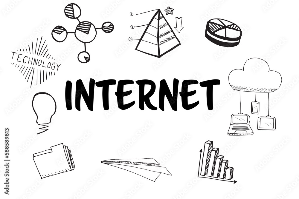 Poster internet text surrounded by various vector icons