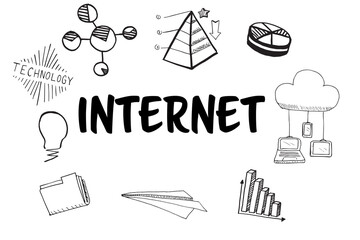 Internet text surrounded by various vector icons
