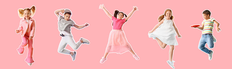 Set of jumping little children on pink background