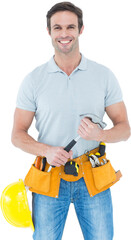 Happy repairman holding hammer
