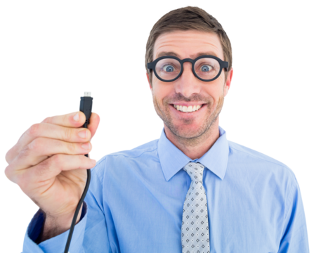Geeky businessman holding a cable