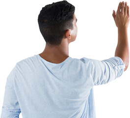 Man pretending to touch an invisible screen against white background