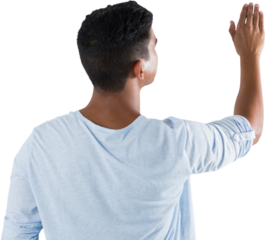 Man pretending to touch an invisible screen against white background