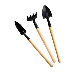 Set of mini gardening tools on white isolated background