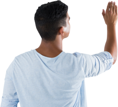 Man pretending to touch an invisible screen against white background