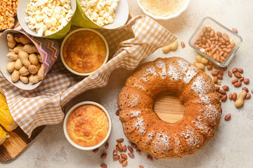 Traditional food for Festa Junina (June Festival) on grunge background