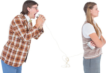 Geeky hipsters using string phone 