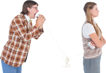 Geeky hipsters using string phone 