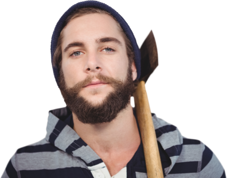 Close-up portrait of hipster with hooded shirt holding axe - Powered by Adobe