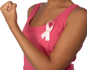 Woman shows pink ribbon for breast cancer awareness on white background