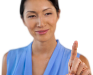 Close up of smiling businesswoman touching interface