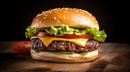mouth-watering hamburger, with juicy meat that has been cooked to perfection, resting between two golden-brown buns. Topped with fresh vegetables, it looks irresistible, generative ai
