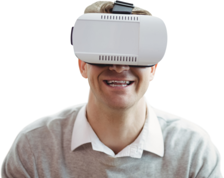 Smiling man wearing virtual reality glasses