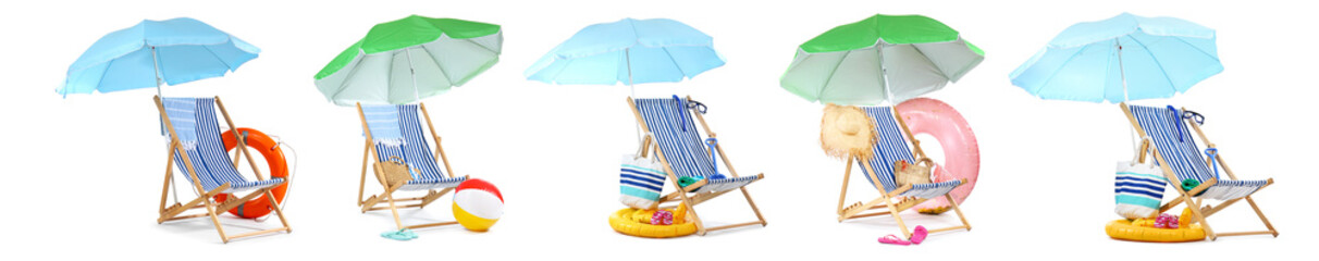 Collage of deck chairs with umbrellas and beach accessories on white background