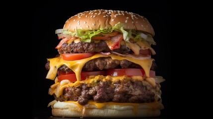 A triple-decker burger with golden buns, juicy meat, and fresh vegetables, perfectly cooked and ready to be devoured, generative ai