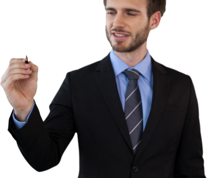 Smiling businessman writing on invisible interface