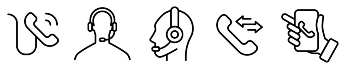 Conjunto de iconos de centro de llamadas. Concepto de servicio. Llamada de emergencia, atenci&oacute;n al cliente, agente en l&iacute;nea, asistente virtual, registro de llamadas. Ilustraci&oacute;n vectorial