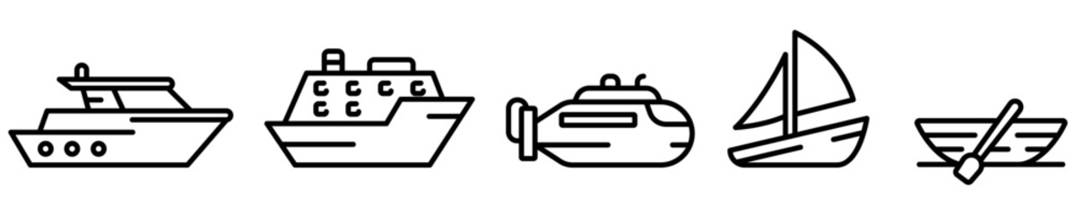 Conjunto de iconos de transporte marítimo. Yate, barco, crucero, bote, submarino. Ilustración vectorial