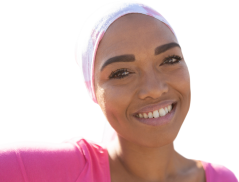 Hopeful women wearing mantra scarf on white background
