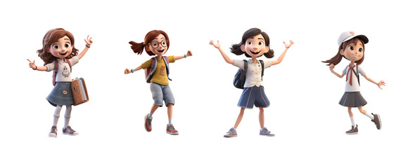 Set of 3D cartoon character cute happy student kids girl dancing, isolated on white and transparent background, ai generate - obrazy, fototapety, plakaty