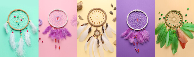 Set of beautiful dream catchers on color background, top view