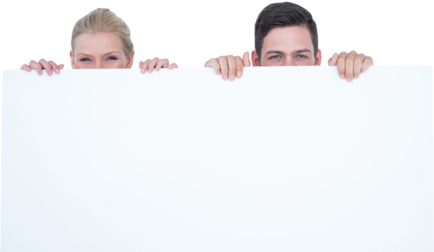 Young couple hiding behind a blank sign - Powered by Adobe