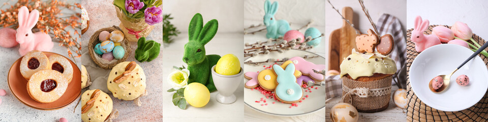Festive collage for Easter celebration with painted eggs, cute bunnies and tasty desserts