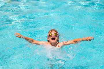 Fototapeta na wymiar Kid in swimming pool, relax swim on inflatable ring and has fun in water on summer vacation.